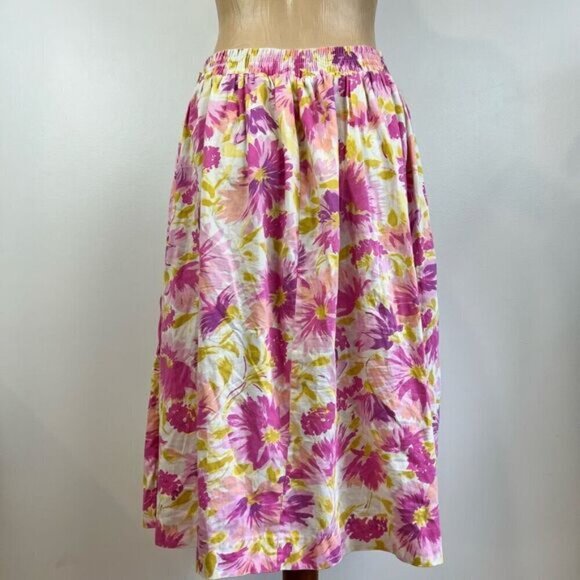 Vintage Handmade Cottagecore Peasant Pink Yellow Midi Skirt Pockets Women M - Picture 3 of 13